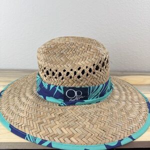 OP Ocean Pacific Straw Hat Fabric Lined Blue Green Hat Band One Size Lifeguard